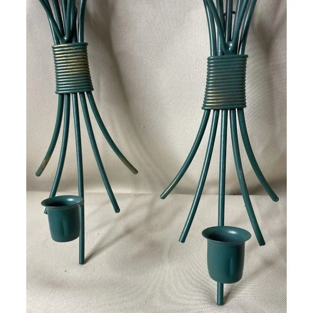 Home Interiors Pair Of Green Metallic Wall Sconce Single Candle Tapered Holder‎